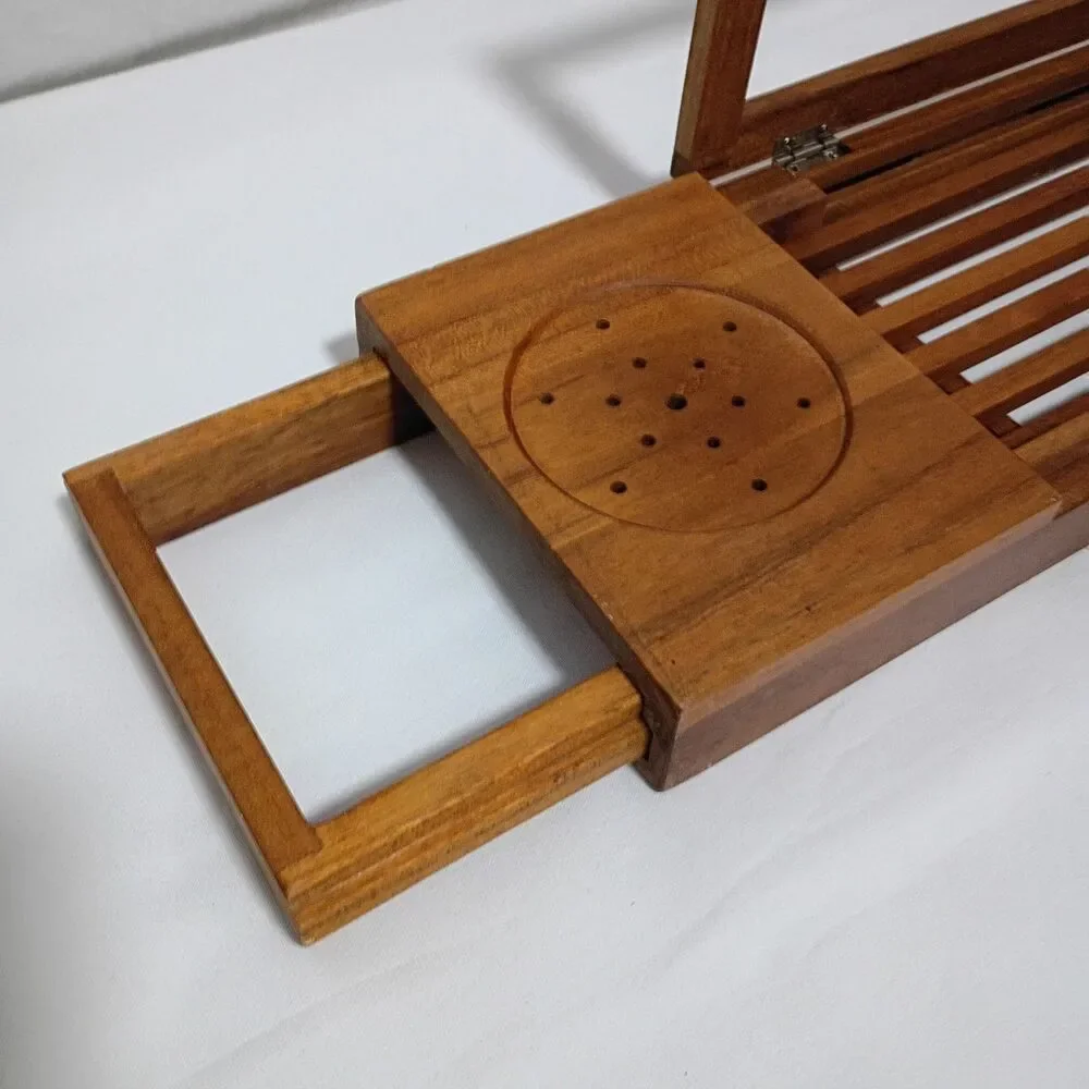 Teak Bathtub Caddy Tray Adjustable iPad Book & Wine Holder Spa Bath 20-33.5”